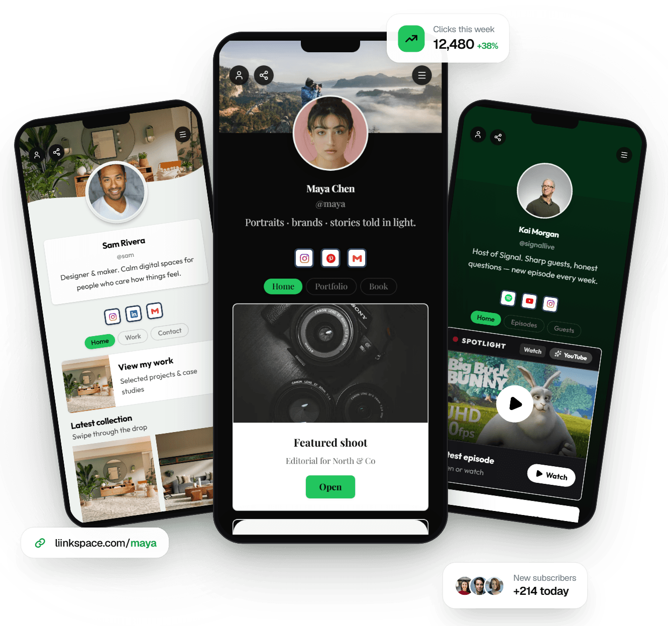 Three Liinkspace profile pages — Studio Soft, Lens Noir and Signal Live templates — with click analytics and subscriber stats